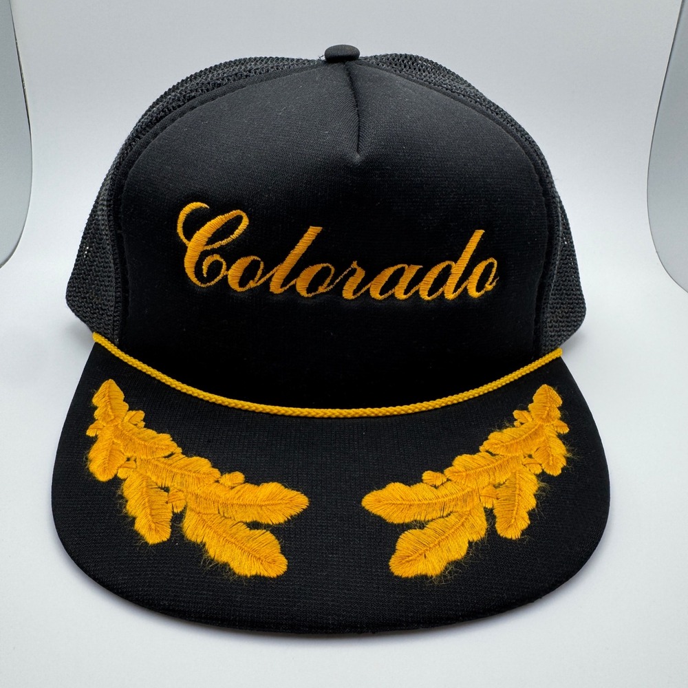 Vtg Colorado SCRIPT Trucker Hat OSFA Black Yellow Scrambled Eggs Mesh Snapback - Picture 2 of 12